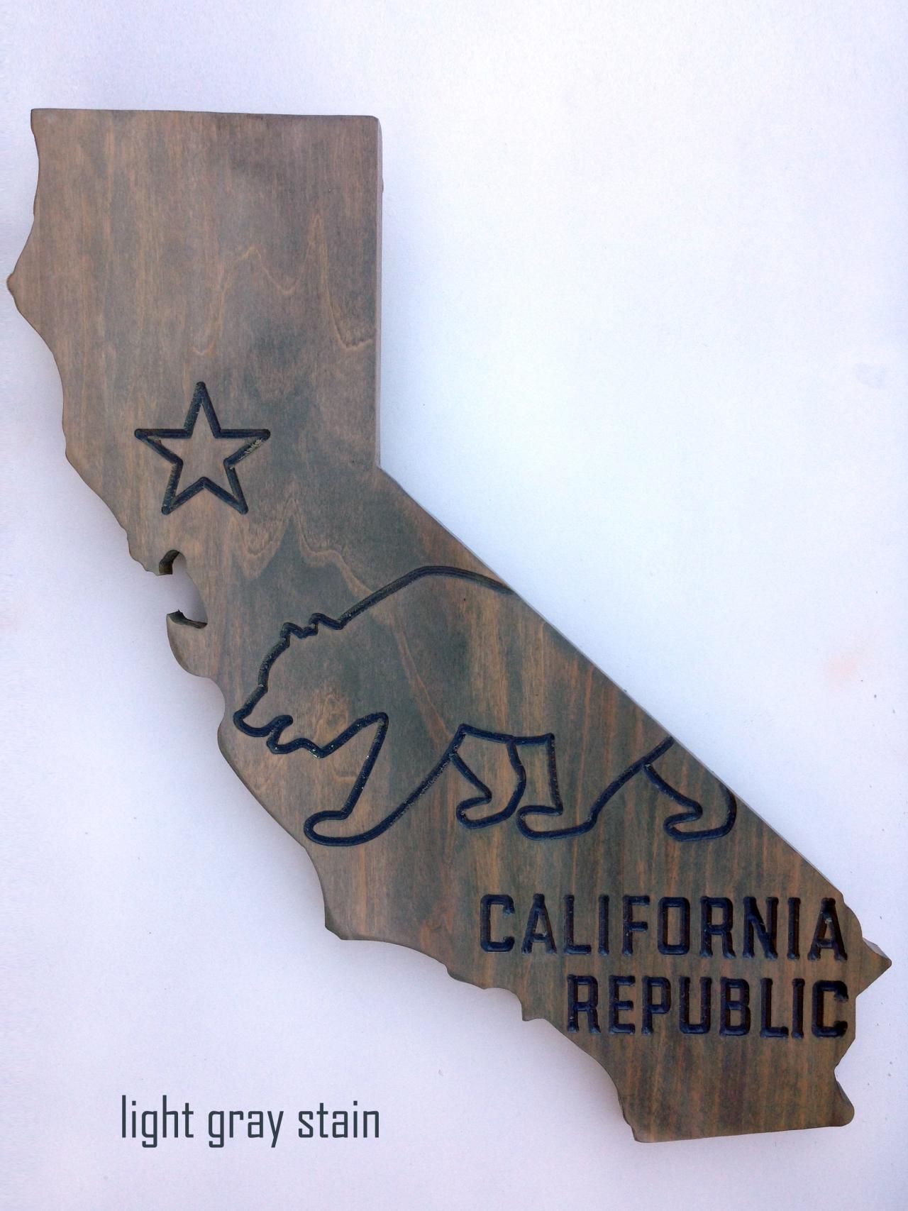 California Bear Wall Decor – Ca State Flag - Hand Made With Poplar Wood (light Gray Stain)
