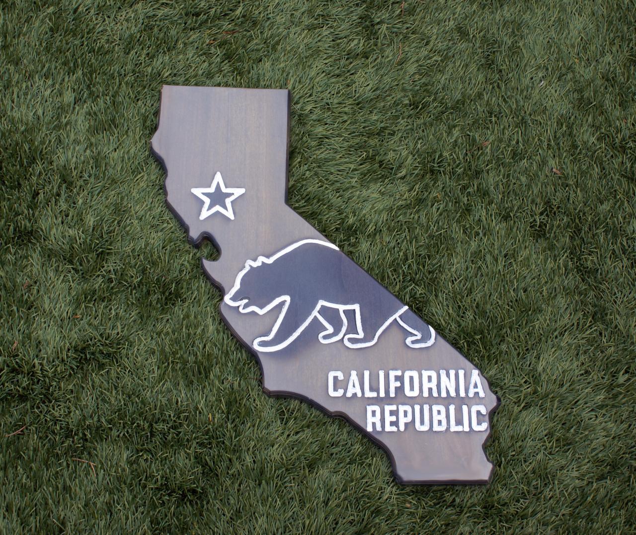California Wood Sign – Ca State Flag With Bear Design And Wood Burn Detail | California Republic (dark Gray)